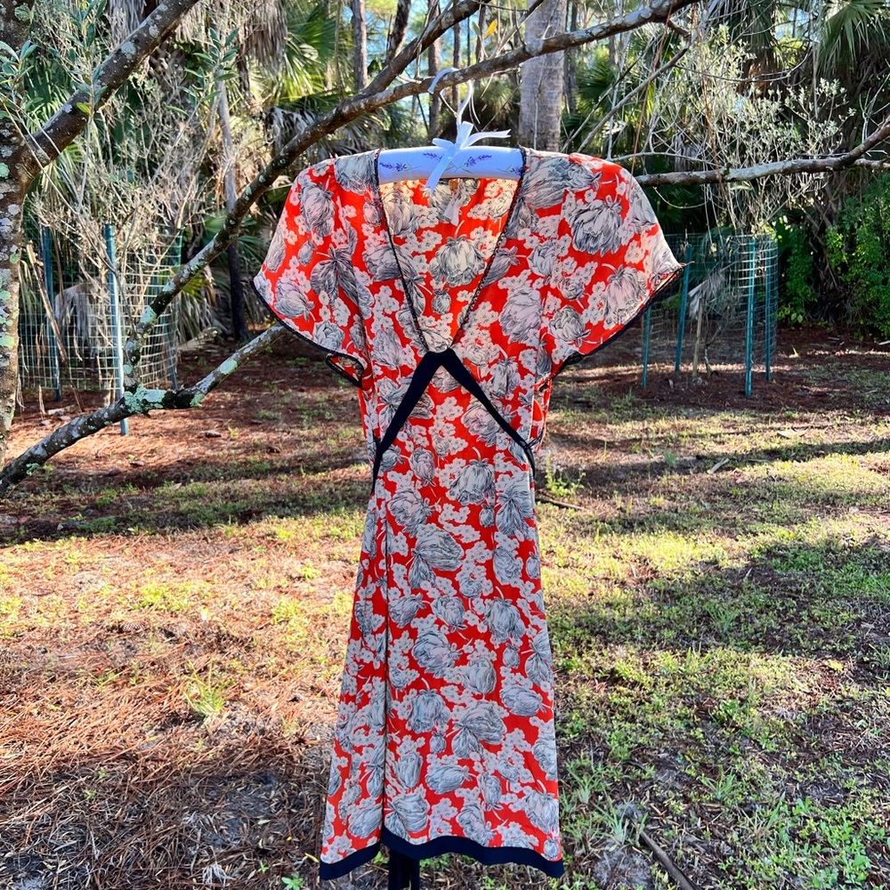 Anthropologie 100% Silk Floral Chinaberry V-Neck Dress with Flutter Sleeves